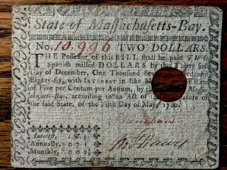 May 5,  1780 $2 Two Dollars Massachusetts - Bay,  Colonial Currency,  True History