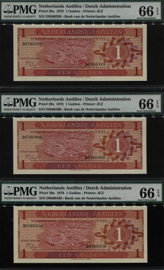 Tt Pk 20a 1970 Netherlands Antilles 1 Gulden Pmg 66 Epq Gem Unc Set Of Three