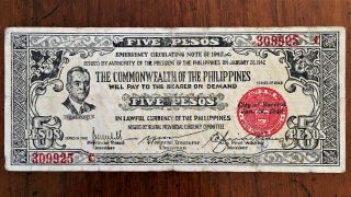 1942 Philippines 5 Pesos Banknote,  Negros Occidental Province,  Pick S648b