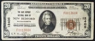 1929 $20.  00 National Currency,  The Safe Deposit National Bank Of Bedford,  Ma