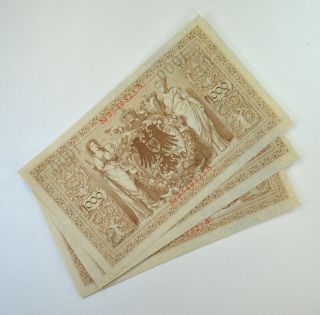 (3) Consecutive 1910 Germany 1,  000 Marks Reichsbanknote 44b 8435 2