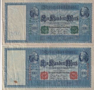 Germany 2 X 100 Mark 1910 Red And Green Seal (b88)