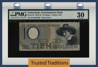 Tt Pk 59 1943 - 44 Netherlands 10 Gulden " Dove Watermark " Pmg 30 Very Fine