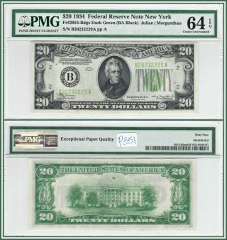1934 Dark Green $20 York Federal Reserve Note Pmg 64 Epq Cu Choice Unc Frn