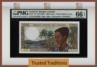 Tt Pk 11b 1984 Comoros 1000 Francs Banque Centrale Pmg 66 Epq Gem Uncirculated