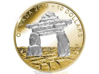 $10 Dollar Iconic Canada Inukshuk.  9999 Gold Plated Fine Silver Proof 2016