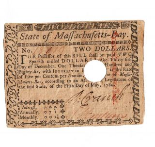 Revolutionary War Massachusetts Currency Note 1780 Red Overprint Handsome $2.  00