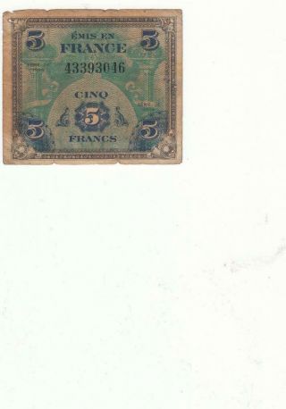 Ww2 French France Banknote 5 Francs - 1944 Wwii