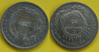 Costa Rica 1923 / 1890 Silver Coin 50 Centimos - Counterstamped.  Xf/au