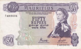 50 Rupees Very Fine Banknote From British Colony Of Mauritius 1967 Pick - 33c