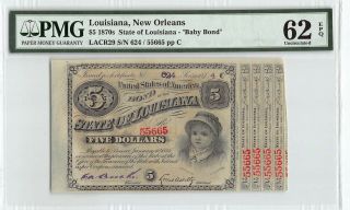 United States / Louisiana 1870s Pmg Unc 62 Epq 5 Dollars Baby Bond