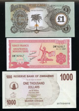 Biafra (nigeria) £1 Note,  Burundi 20f,  Zimbabwe 1000 Bearer Check Exp.  2007