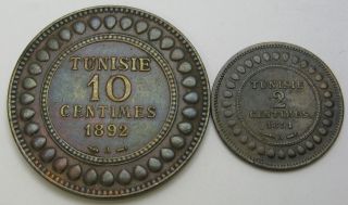 Tunisia 2 Centimes 1891 & 10 Centimes 1892 - Bronze - 2 Coins - 2590
