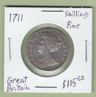 1711 Great Britain One Shilling Silver Coin - Queen Anne - Fine