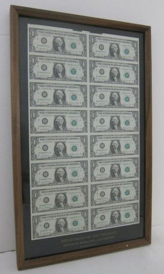 1981 Us Department Of Treasury Uncut Currency Sheet Of 16 - $1 Bill Framed 15x25