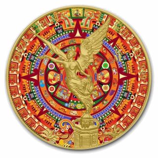 2018 Red Aztec Calendar Libertad 1 Oz Silver Coin,  24kt Gold Gilded.