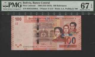 Tt Pk Unl 1986 Bolivia Banco Central 100 Bolivianos " Parrot " Pmg 67 Epq