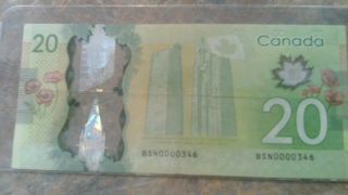 2012 Bank Of Canada $20.  00 Dollar Note Low Serial Number Bsn0000346 (circulated)
