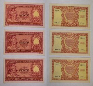 (3) 1951 Italy 100 Lire Athena Notes P - 92 2 Notes Have Consecutive Serial 