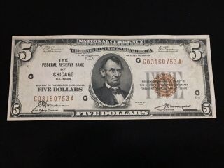 1929 $5 Chicago Illinois National Bank Notes Unc