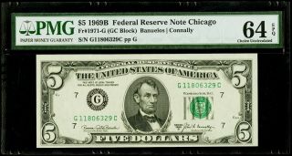 $5 1969b Federal Reserve Note Chicago Pmg 64 Epq Choice Uncirculated