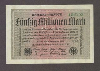 1923 50 Million Mark Germany Aunc Reichsbanknote German Banknote Note Bill Cash