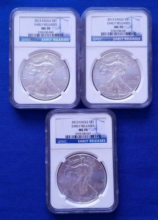 3 - 2013 Us 1oz.  999 Silver Eagles Ngc Ms70 " Early Releases " 3 Coins L4672