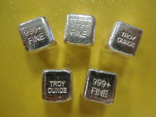 5 Ea.  1 Oz.  Hand Poured Silver Cubes 1 Troy Ounce.  999 Fine Silver Each