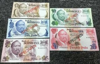 5 Specimen Notes Bank Of Botswana 1 - 2 - 5 - 10 - 20 Matching Serial No.  Set 002003