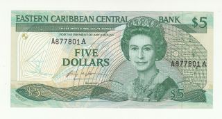 East Caribbean States Antigua 5 Dollars 1986 - 88 Aunc P18a Qeii