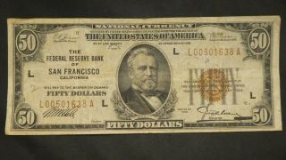 1929 L $50 Dollars Federal Reserve Bank Of San Francisco Currency Bill