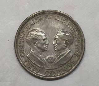 1936 - M Us Philippines Uspi Silver 50 Centavos Coin Almost Uncirculated Au,  Nr