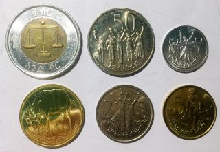Ethiopia Set Of 6 Coins 1 5 10 25 50 Santim,  1 Birr Bi - Metal Au - Unc
