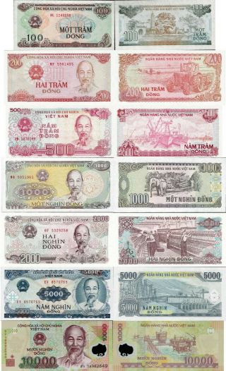Vietnam Set 100,  200,  500,  1000,  2000,  5000,  10000 Dong Pick 100 - 119 Unc Random Years