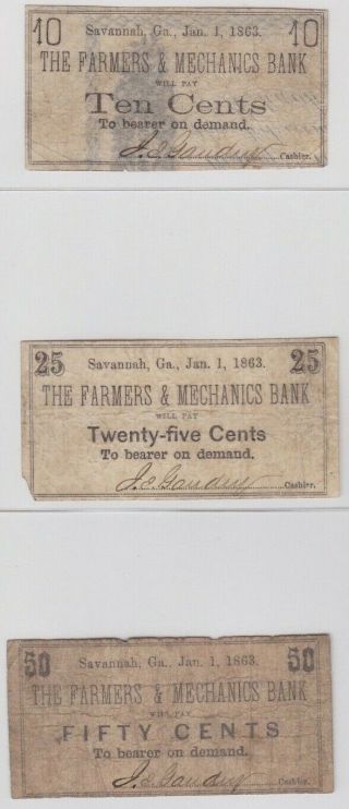 3 Confederate Georgia Scrip Notes From The Farmers & Mechanics Bank Savannah