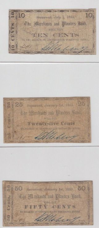 3 Confederate Georgia Scrip Notes From The Merchants & Planters Bank Savannah