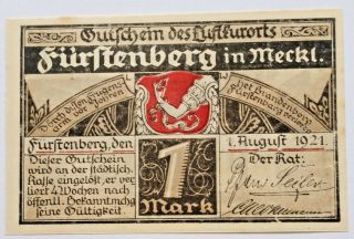 Furstenberg Notgeld 1 Mark 1921 Emergency Money Germany Banknote (7276)