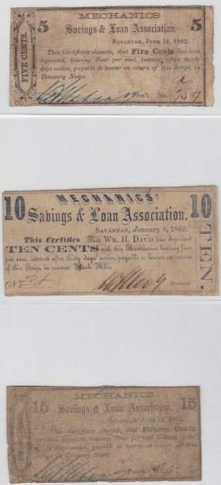3 Confederate Georgia Scrip Notes From The Mechanics Savings & Loan Association