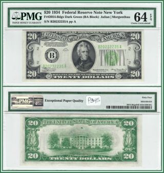 1934 Dark Green $20 York Federal Reserve Note Pmg 64 Epq Choice Unc Frn