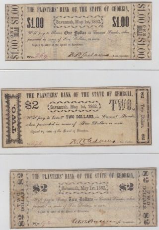 3 Different Confederate Georgia Scrip Notes From The Savannah Planters Bank