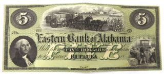 1858 Eufaula Eastern Bank Of Alabama $5 Five Dollar Obsolete Remainder Note P32