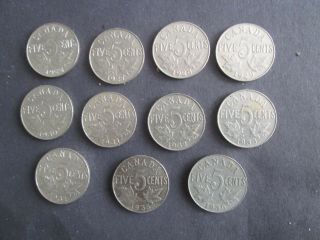 11 Different Dates Of Canada Five Cents George V Coins