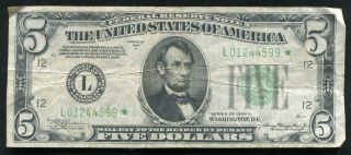1934 - A $5 Five Dollars Star Frn Federal Reserve Note San Francisco,  Ca