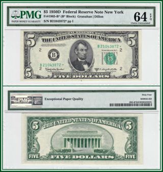 1950d Star $5 York Federal Reserve Note Pmg 64 Epq Choice Unc Frn
