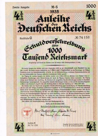 Deutsches Reich,  Berlin 1935,  Bond 1000 Reichsmark,  Vf,