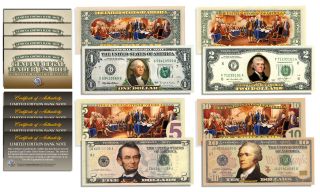 Declaration Of Independence 2 - Sided Colorized Bills Set Of All 4 - $1/$2/$5/$10