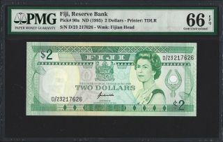 1995 Fiji $2 Dollars,  P - 90a Reserve Bank,  Pmg 66 Epq Gem Unc,  Older Qeii Type
