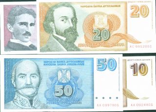 Yugoslavia Set 4 Notes Unc.  P148 - 149 - 150 - 151.  5 - 10 - 20 - 50 Dinara.  Very Scarce.  4e