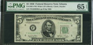 1950 $5 Federal Reserve Note Atlanta Fr 1961 - Fwi (fa Block) Pmg65