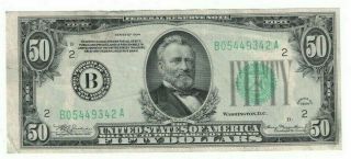 1934 Us Federal Reserve $50 Fifty Dollar Bill B York Crisp Note H05449342